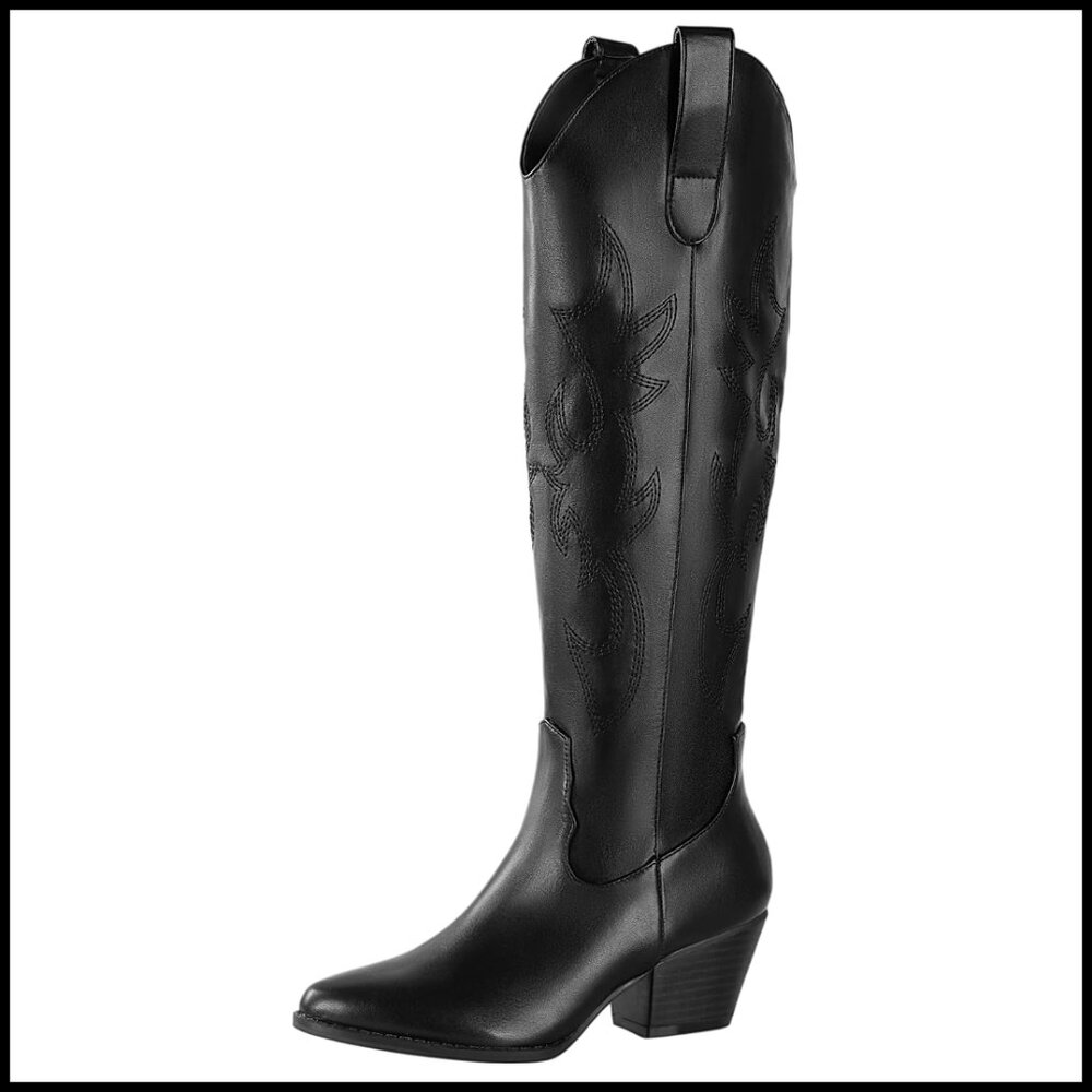 Black Heeled Western Knee-High Boots - Women
